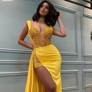 ZEEYECIE Sequin& Satin Ballroom Gown w/Slit up Thigh &  A Wrap Around Train